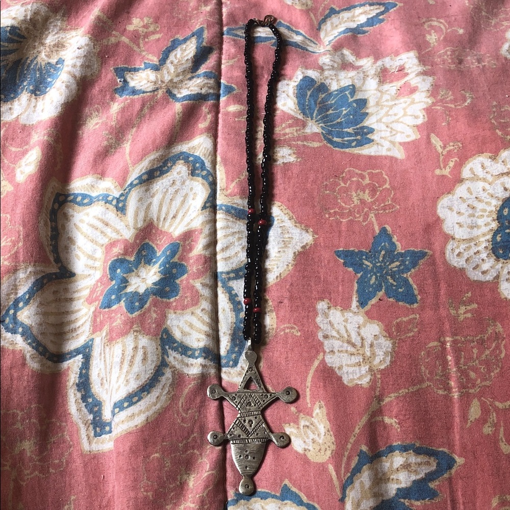 Bohemian Black Bead Necklace with Geometric Silver Pendant